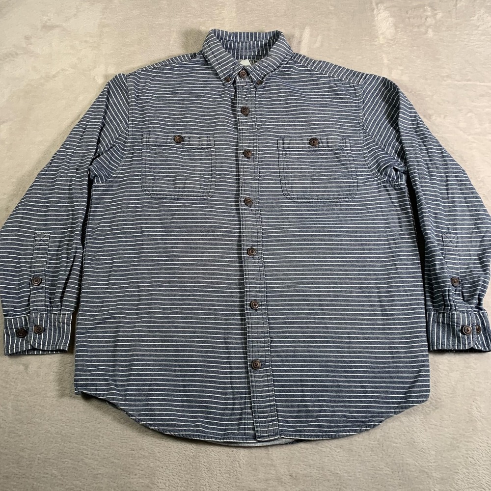 Duluth Trading Shirt Mens Medium Blue White Stripe Button Down Relaxed Fit Soft